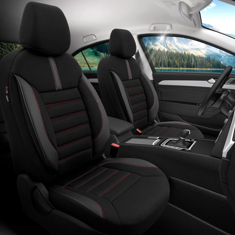 Universele Stoffen/Leder Stoelhoezenset 'Limited' Zwart + Rode stiksels - 11-delig - geschikt voor Side-Airbags