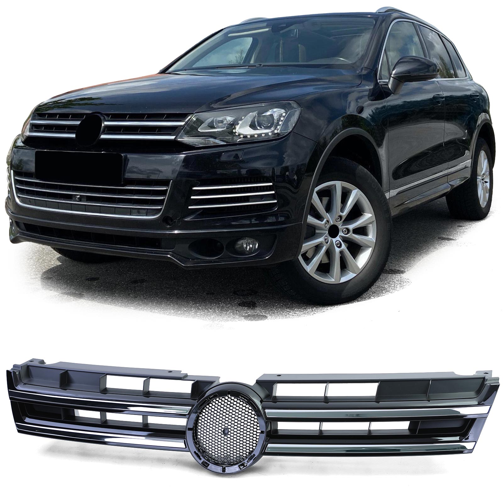 Grill passend voor VW Touareg 2 7P 10-14 Glans Zwart Chroom