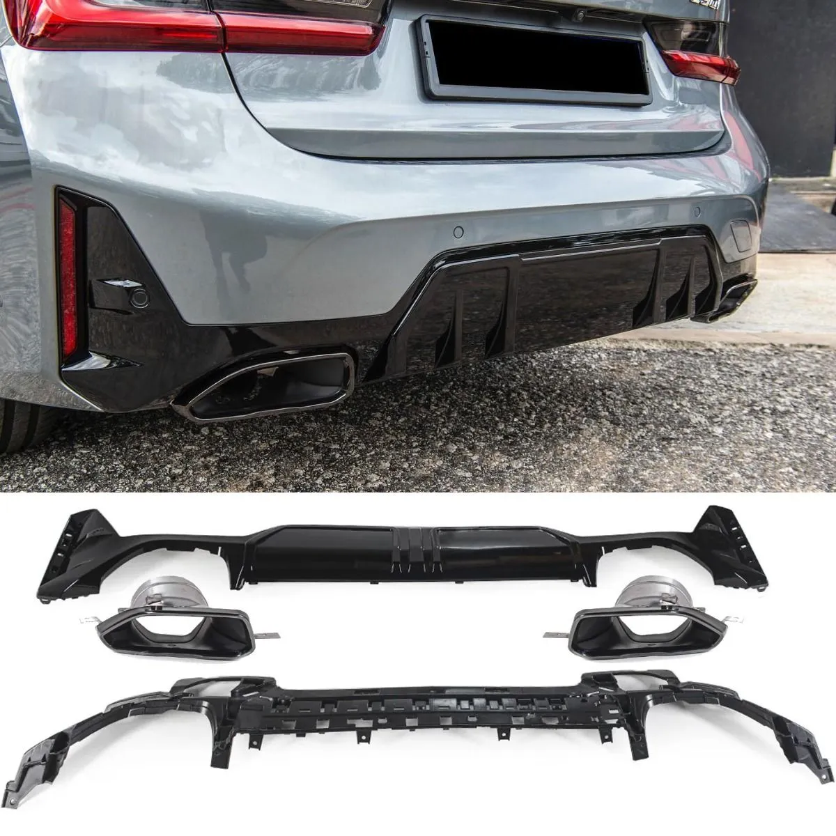 Diffuser passend voor BMW 3 Serie M Pakket G20 G21 LCI Glans Zwart