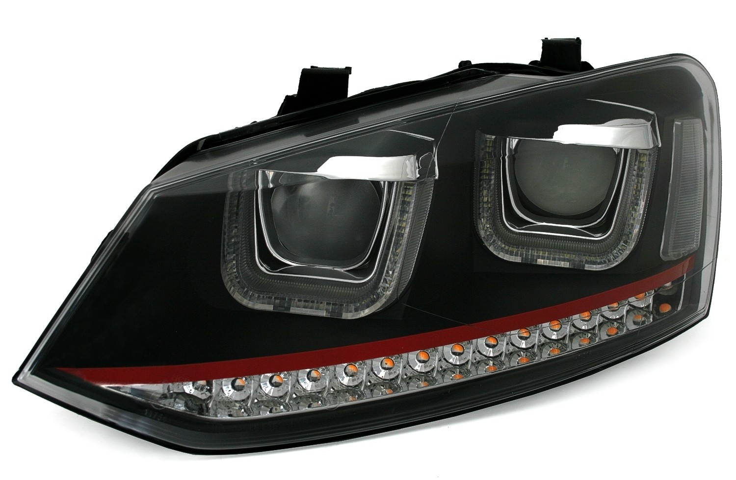 Koplampen passend voor VW Polo 6R / 6C 09- DRL Zwart/Rood Facelift GTI look
