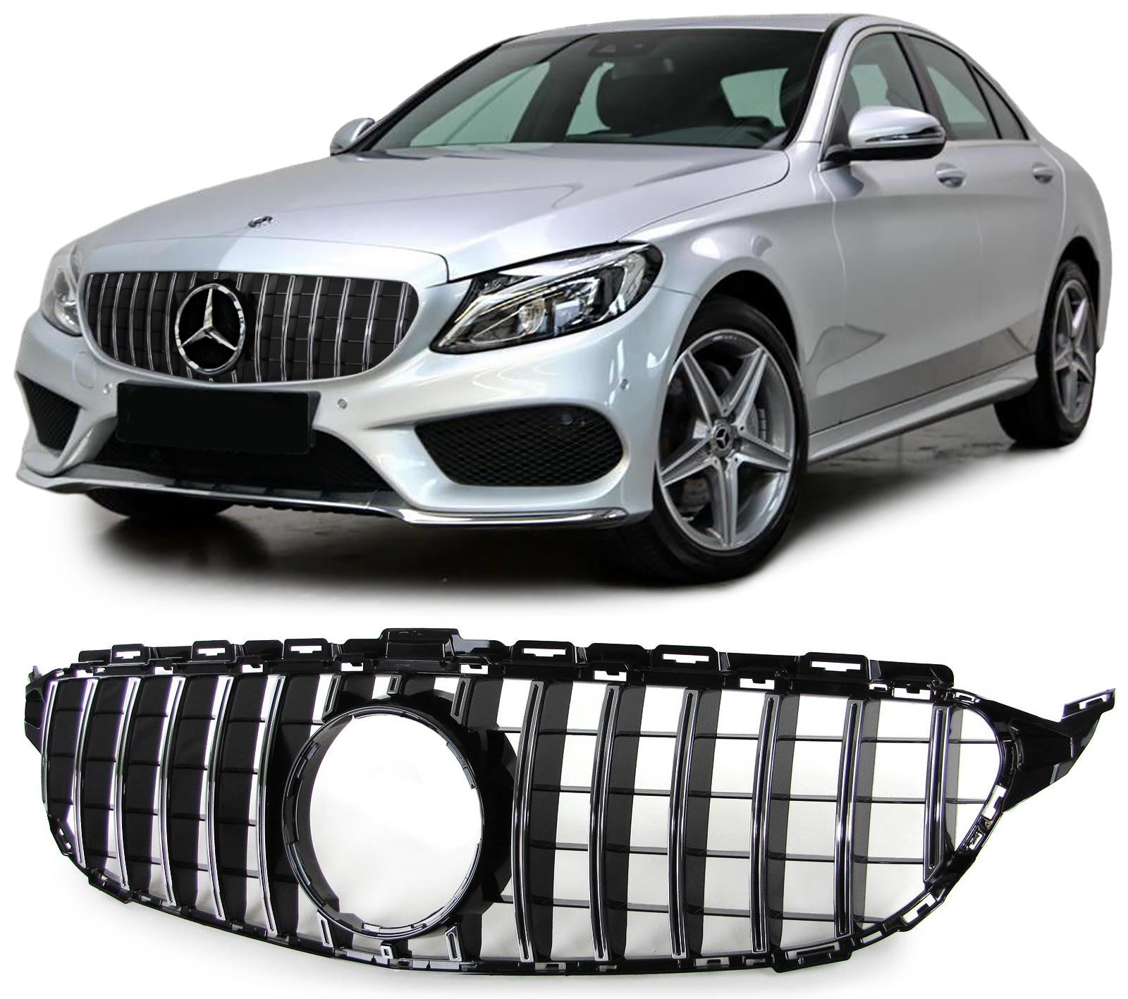 Grill passend voor Mercedes W205 13-18 Zwart Chroom GT Look