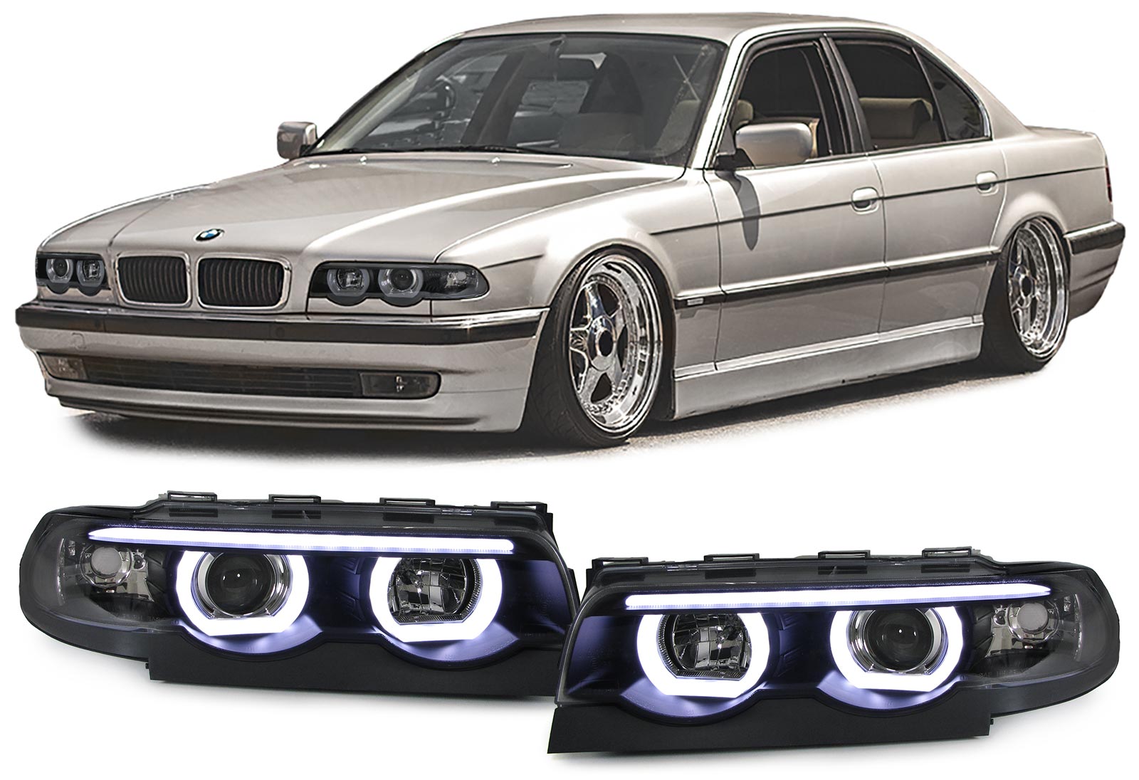 Koplampen passend voor BMW E38 94-01 3D LED Angel Eyes Zwart